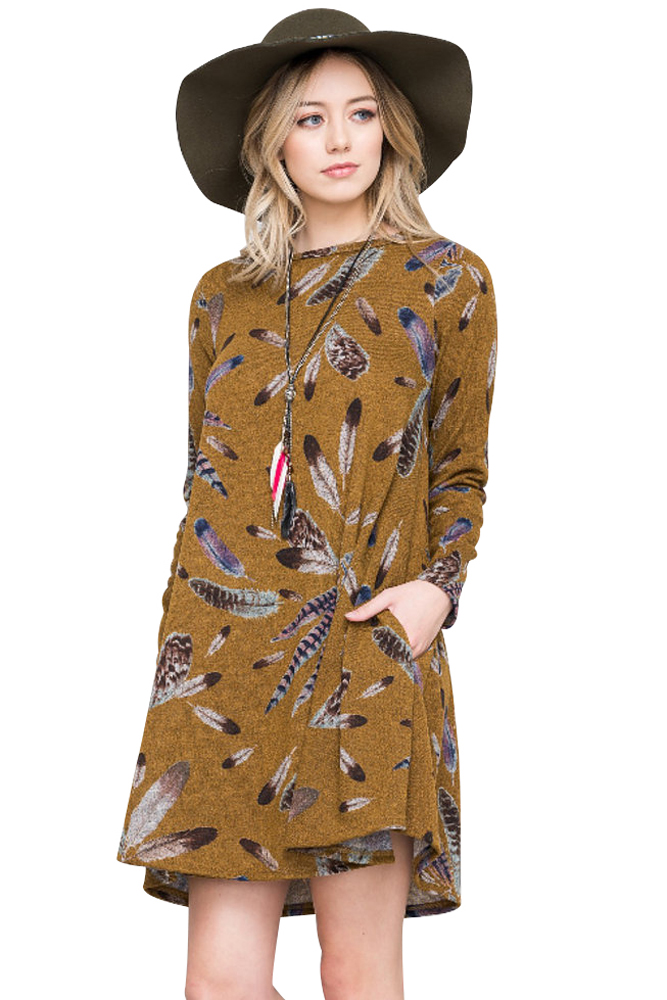 BY220210-7 Mustard Feather Graphic Pocket Tunic Dress